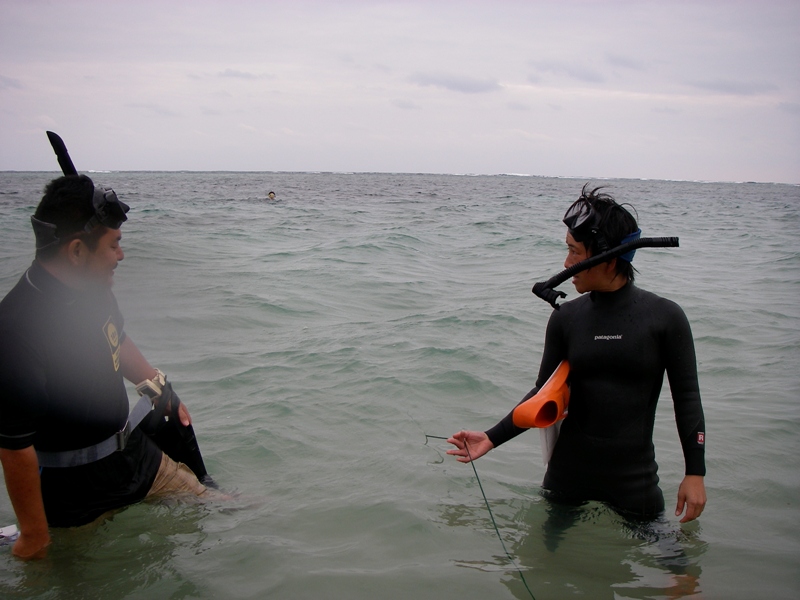 One person is swimming and pulling the rope, checking that the 2 signs are matching