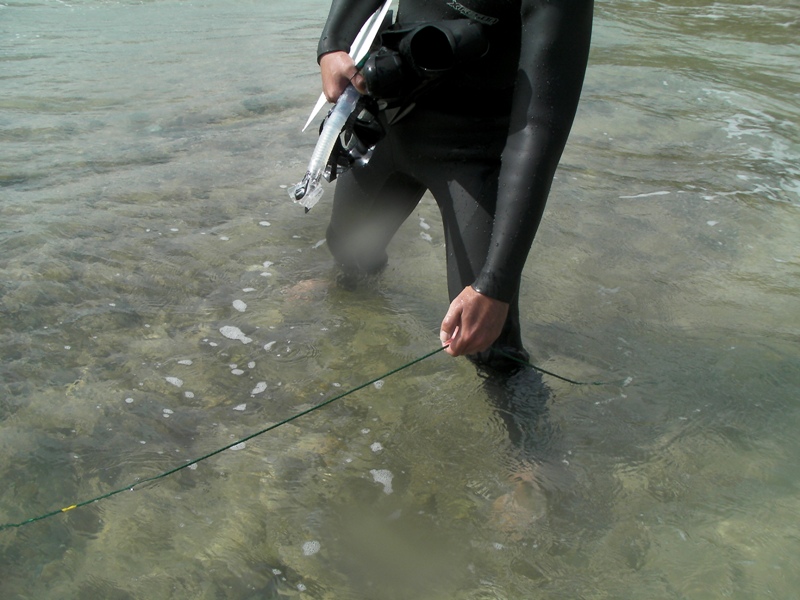 The rope is marked by yellow and white ink so that we can identify its length