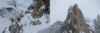 Diptych of a person climbing snow-covered rocks and a rocky summit.