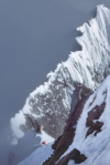 A view looking back over the 900-meter-long corniced “Shovel Traverse” section of Mount Logan’s Hummingbird Ridge from about 170 meters above. Photo: Allen Steck