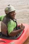 Amina Tayona, one of two female safety kayakers on the White Nile. Photo: Marcus Farnfield