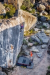 Alex: “Although Kate lives in Bishop, she does not do a lot of bouldering. Her normal climbing day involves long hikes to far away walls and peaks with lots of ice, wind, crampons and trad gear. When I see pictures of her climbs I think, ‘Luckily I am a sport climber.’ Absolutely gnarly conditions, big walls, cracks and lots of suffering. Knowing that, it was way more impressive to see her crush on these boulders around South Africa. Here she is on Creeking Heights, a V6!” Photo: Ken Etzel