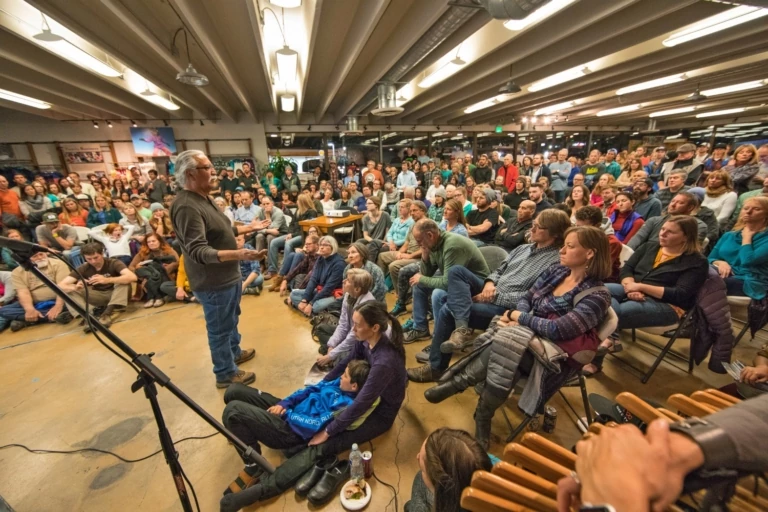 Willie Grayeyes, board chairman of Utah Diné Bikéyah, speaks of the magic of Bears Ears at a multimedia presentation in our Salt Lake City store. Photo: Andrew Burr