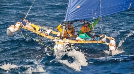 Grandson Braden steered the longest crossing of the 2017 trip, from O‘ahu to Kaua‘i. Photo: ©Holopuni Va‘a, by Wim Lippens