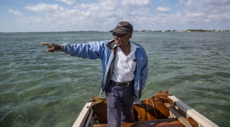 Ansil Saunders points to the mangrove island, still visible today, where the all-tackle world-record bonefish was landed. Photo: Brian Irwin