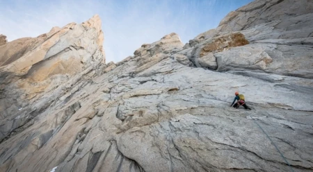 Colin Haley climbs Afanassieff Ridge on the west face of Chaltén. Photo: Austin Siadak