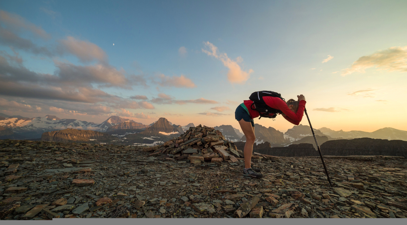 Some people will do anything to avoid pulling out a headlamp. Alyson Dimmitt Gnam catches her breath before hammering out the twilight descent to the car. Glacier National Park, Montana. Photo: Steven Gnam