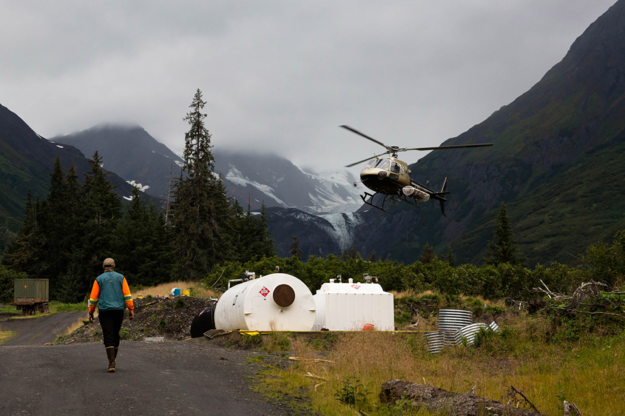 The Palmer Project is run by the Canadian company Constantine Minerals with substantial investments from DOWA Holdings, a Japanese company, to explore the viability of a sulfide mine at the foot of the Saksaia Glacier, featured in the background. Photo: Annie Nyborg
