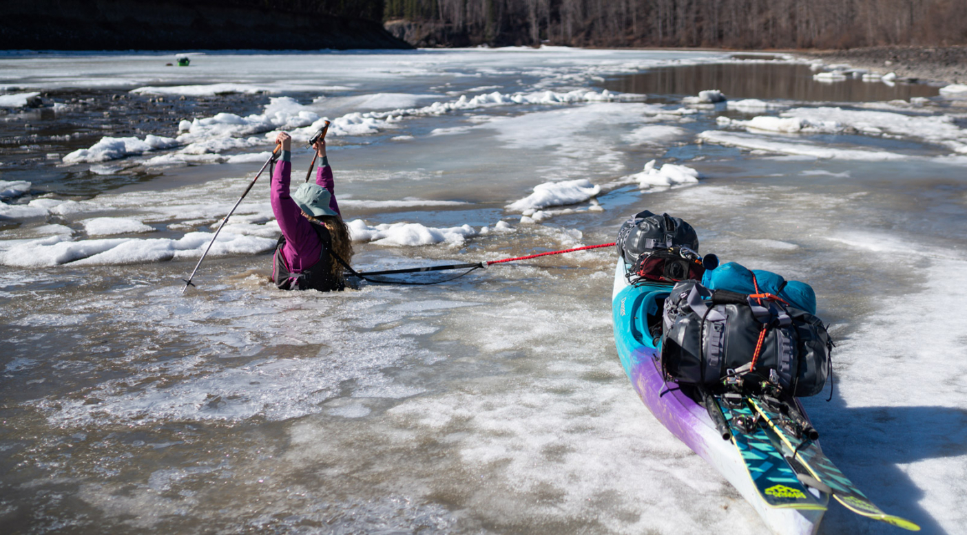 Katrina Van Wijk punches through thin ice while trying to make it to the middle of the river. Photo: Jasper Gibson