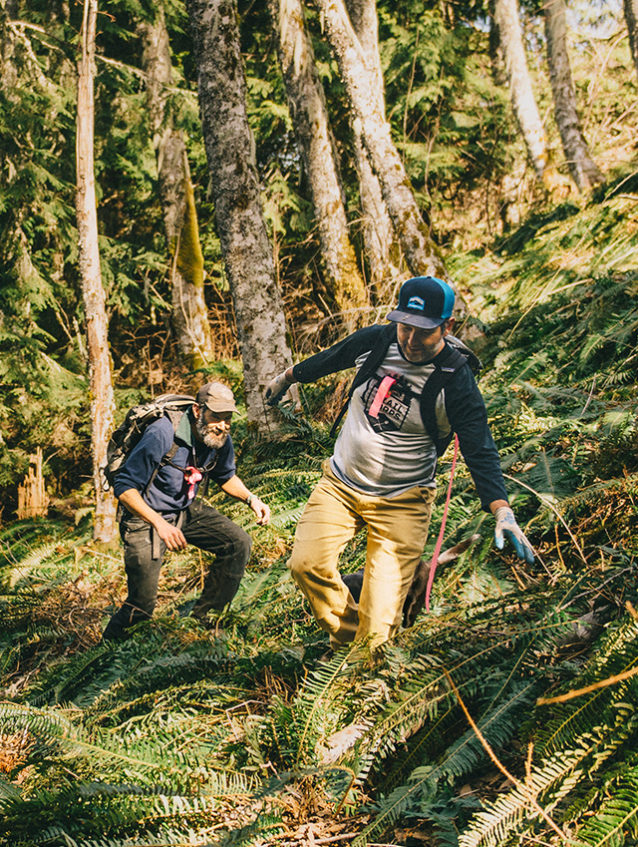 Eric Brown (front) and Reid Parker (rear) route a new climbing trail across the slopes of Stewart Mountain. Photo: Paris Gore