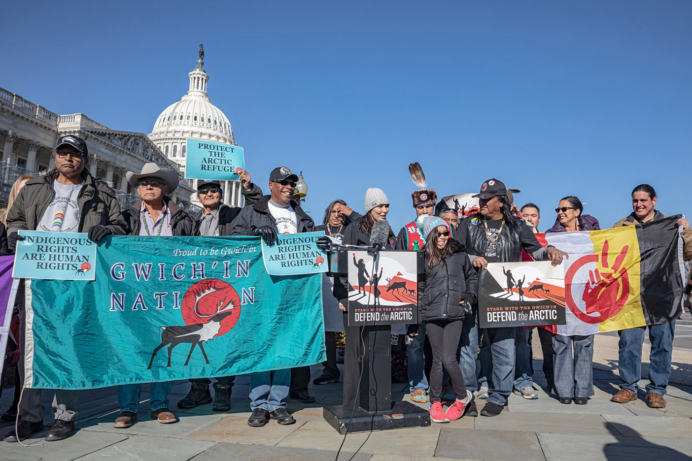 Members of the Gwich’in Steering Committee at a press conference in front of the United States Capitol in Washington, DC. The Gwich’in know the fight to protect the Refuge isn’t just about protecting their own backyard, but about protecting sacred spaces everywhere. Photo: Keri Oberly