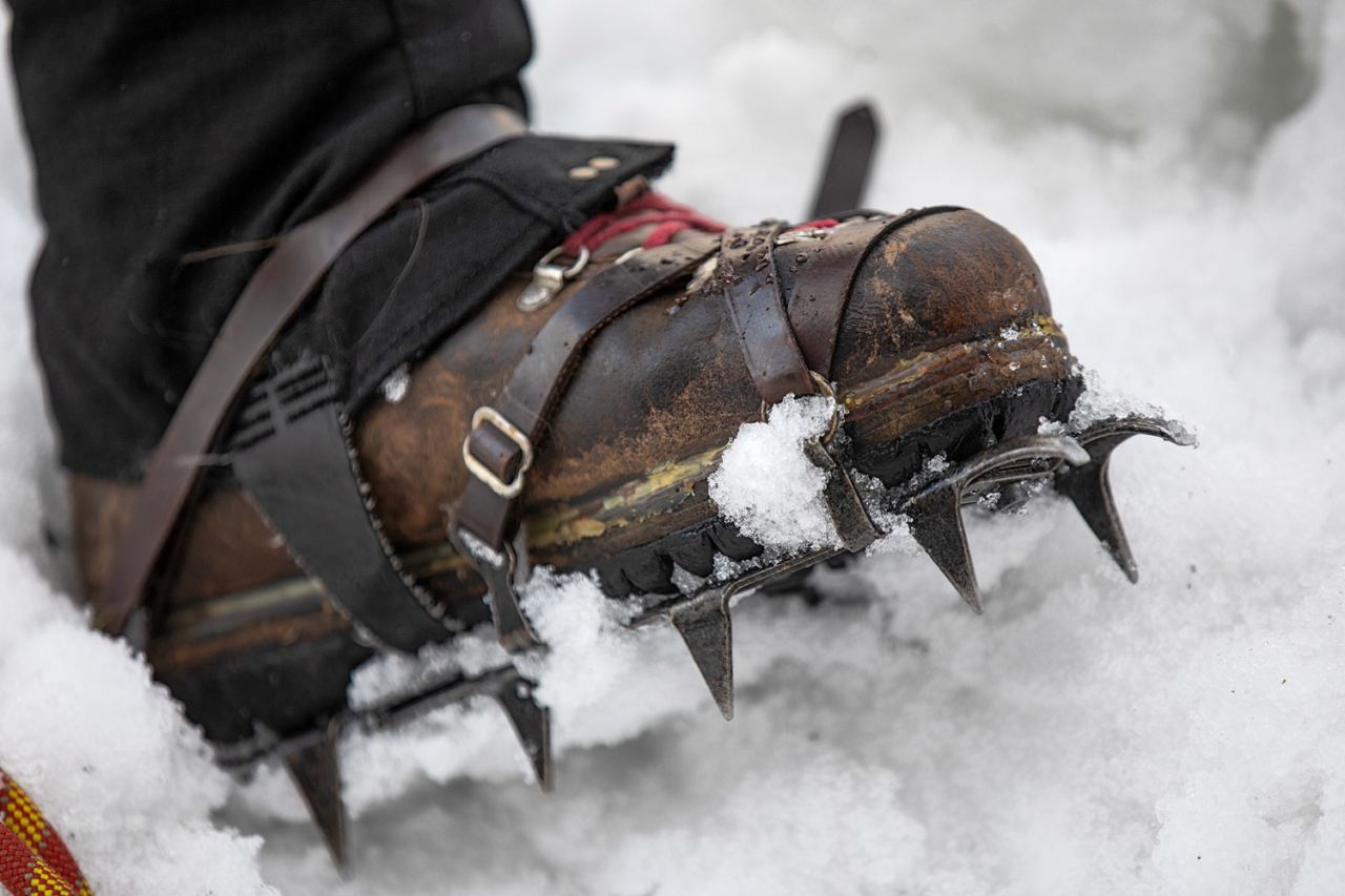 Original crampons with new leather straps.