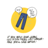 An illustrated pair of jeans says, "Hey! Don't wash these jeans!" Narrator: If you wash your jeans less often, they’ll last longer and you’ll save water!