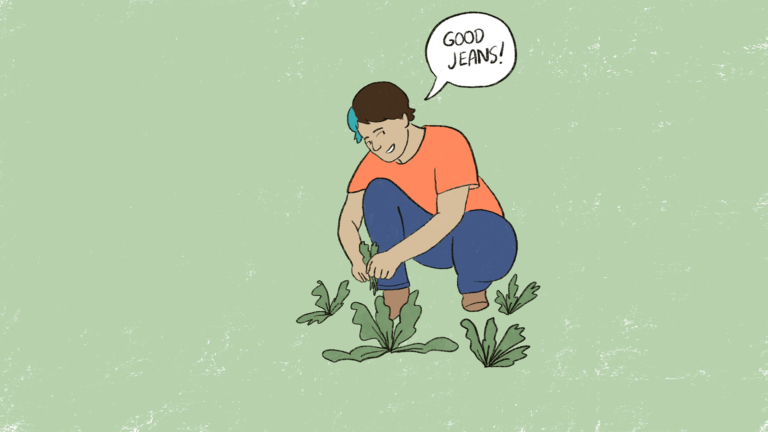 Illustration of a person wearing an orange shirt and blue jeans kneeling in their garden picking lettuce.