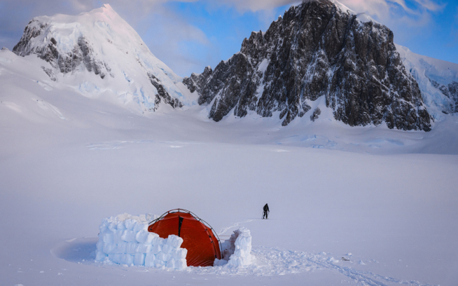 Our only clear view of Cerro Ambrosio’s twin summits on our first morning beneath the peak—one week and 62 miles since we left El Chaltén. The weather opening turned out to be a sucker hole and closed soon after we began climbing the headwall.