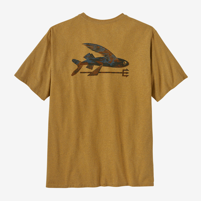 Patagonia Mens Flying Fish Responsibili-Tee in Cliffs and Waves Pufferfish Gold, Extra Small - Logo T-Shirts - Recycled Cotton/Recycled Polyester