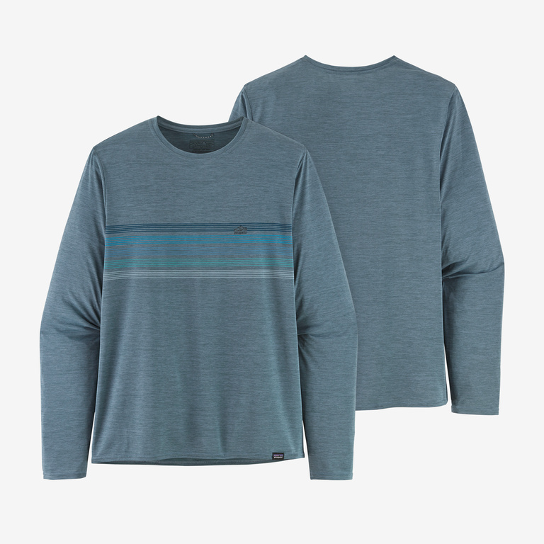 Men's Long Sleeve Capilene Cool Daily Graphic Shirt Line Logo Ridge Stripe: Light Plume Grey X-Dye / 3XL