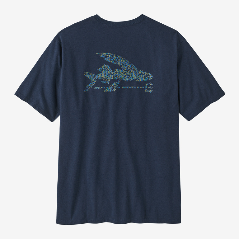 Patagonia Mens Flying Fish Responsibili-Tee in Sea Texture Tidepool Blue, Extra Small - Logo T-Shirts - Recycled Cotton/Recycled Polyester