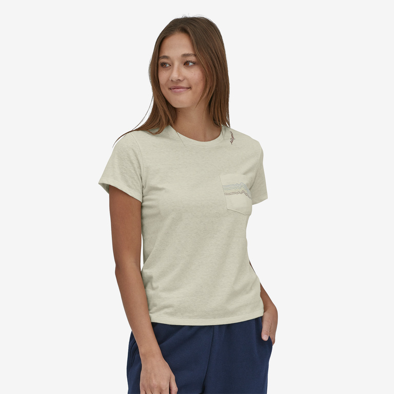 Patagonia Womens Ridge Rise Stripe Pocket Responsibili-Tee in Birch White, Extra Small - Logo T-Shirts - Recycled Cotton/Recycled Polyester/Nylon