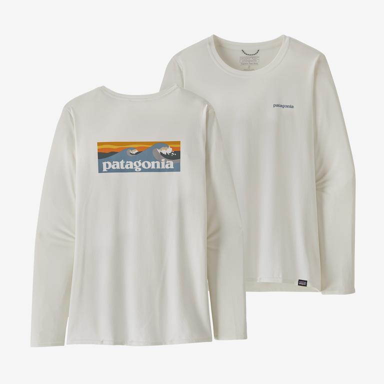 Patagonia Women's Long-Sleeved Capilene Cool Daily Graphic Shirt - Waters Boardshort Logo Light Plume Grey: White / M